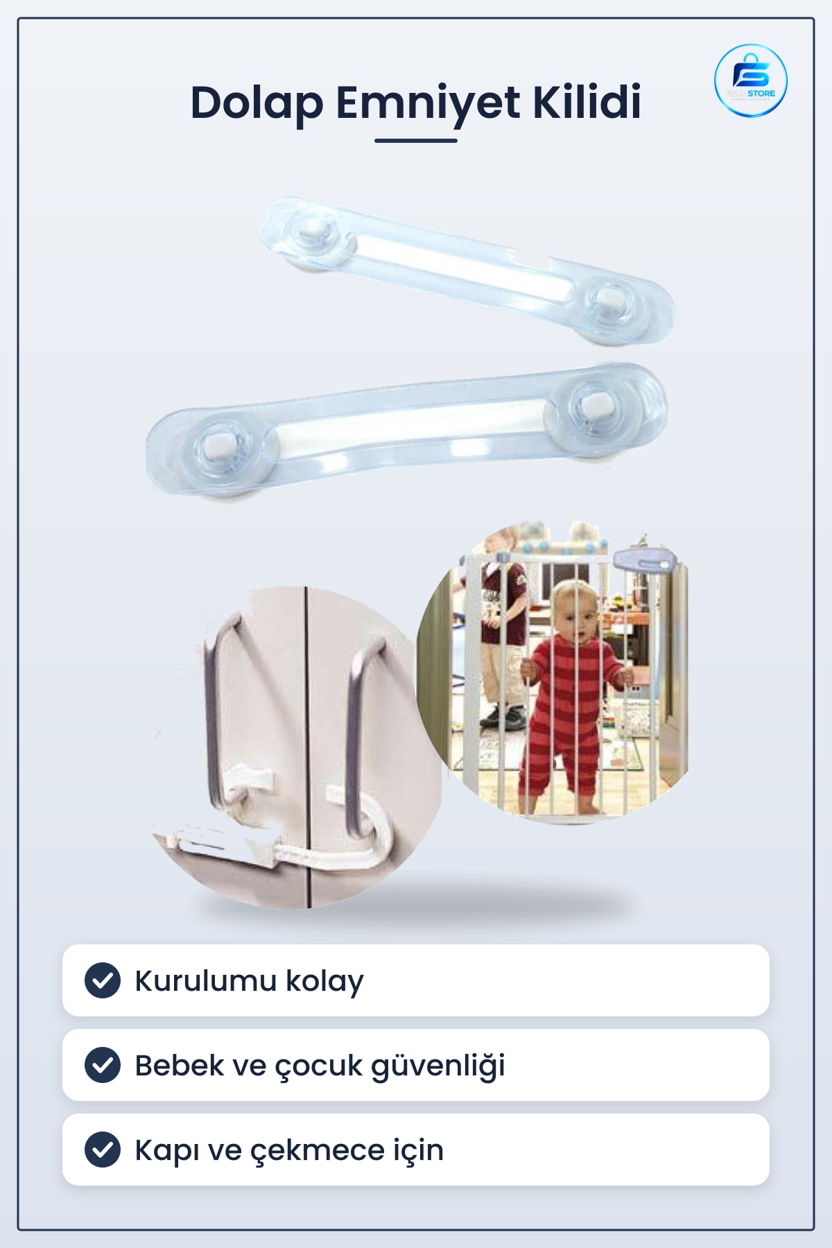 Bebek Çocuk Güvenlik Dolap Çekmece Emniyet Kilidi 7 cm x 14,5 Plastik Mavi Beyaz Kapı Koruma