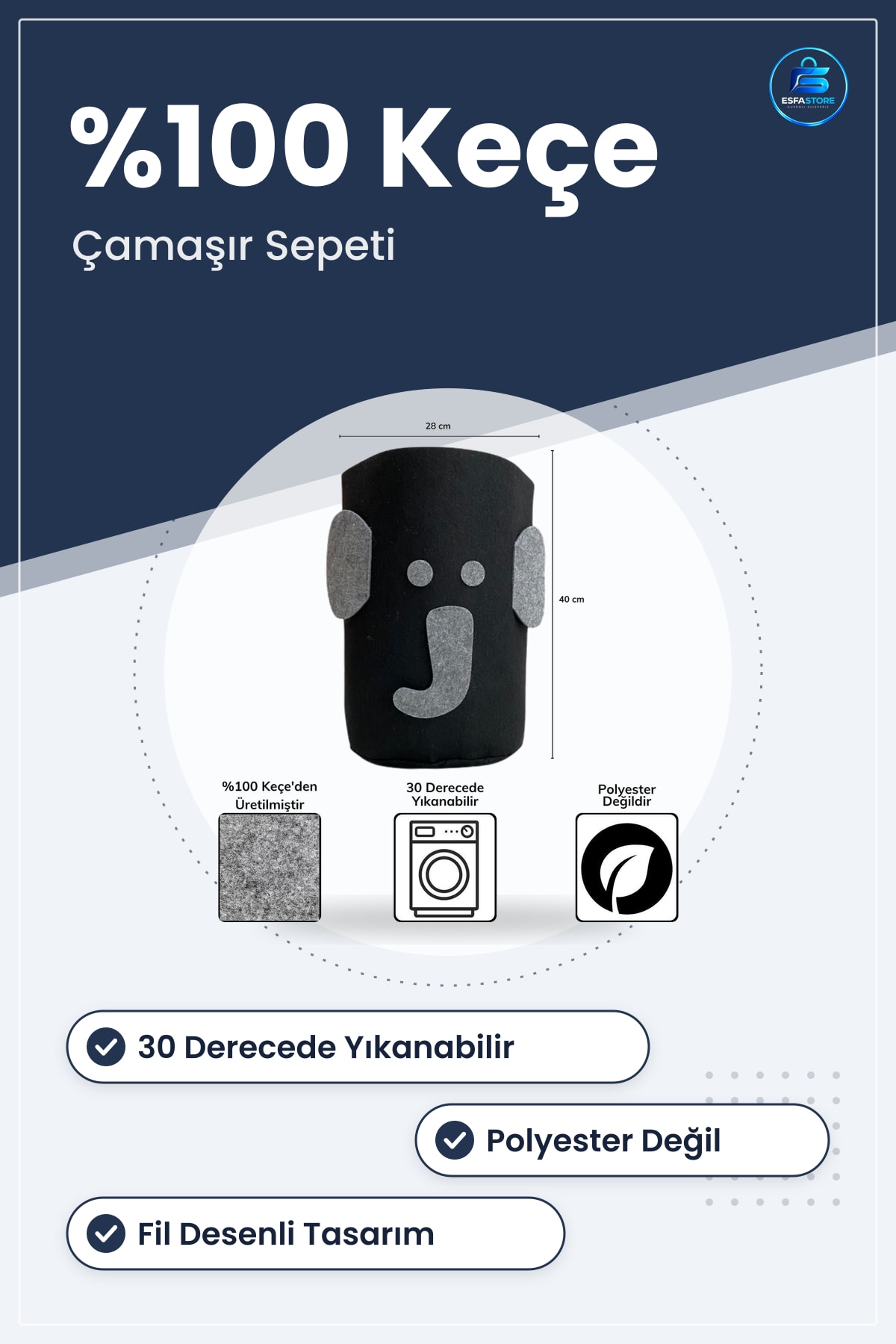 Keçe Fil Desenli Çocuk Odası Kirli Çamaşır Sepeti Oyuncak Saklama Kutusu Yuvarlak Dayanıklı Pratik