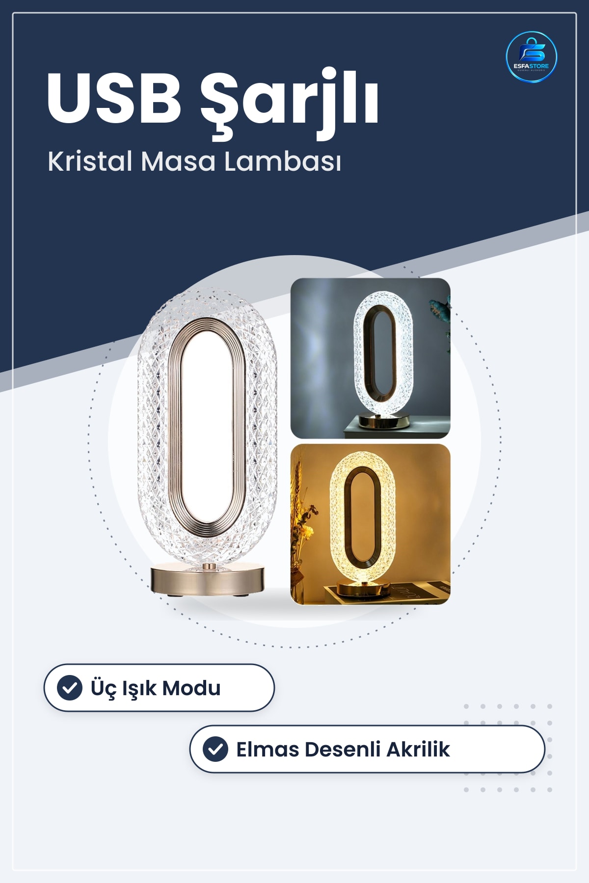Oval Model Kristal Akrilik Masa Lambaı USB Şarjlı Dokunmatik Led Işık Modlu Dekoratif Aydınlatma