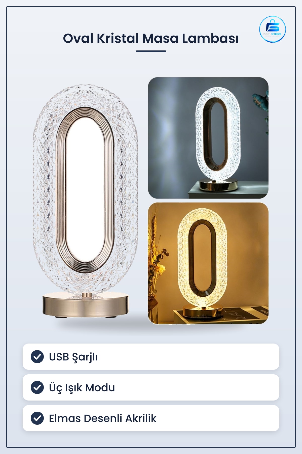 Oval Model Kristal Akrilik Masa Lambaı USB Şarjlı Dokunmatik Led Işık Modlu Dekoratif Aydınlatma