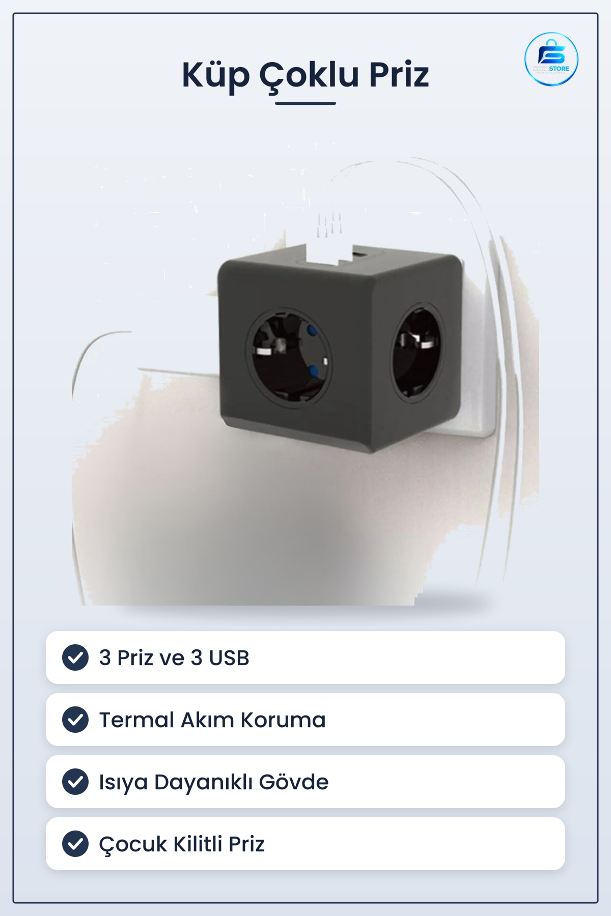 Küp Priz Isıya Dayanıklı Termal Akım Korumalı Çocuk Kilitli USB Girişli Pratik Çoklu Kullanışlı