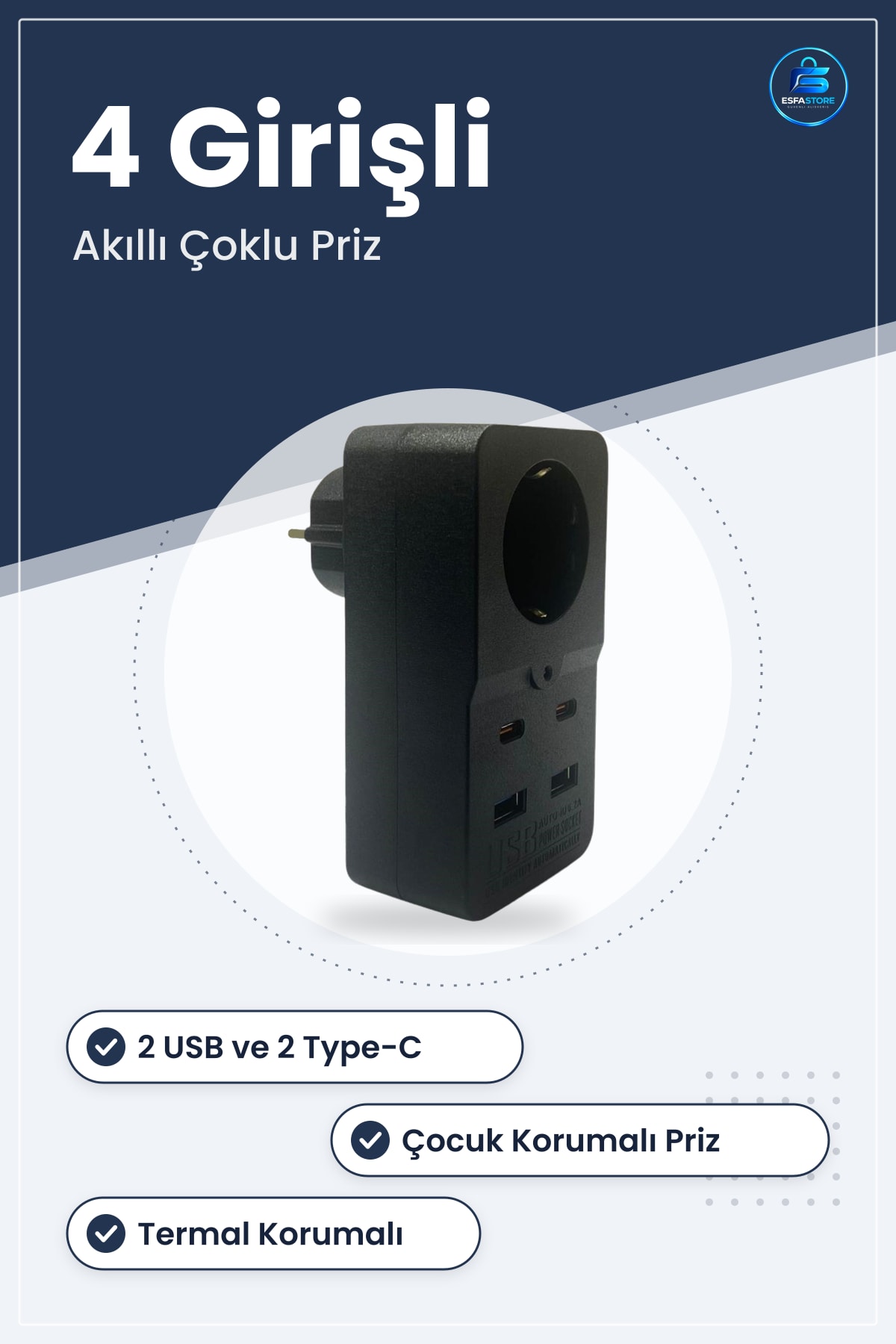 Isıya Dayanıklı Termal Korumalı Priz USB ve Tip C Girişli Çocuk Güvenlikli Akıllı Çoklu Çıkış
