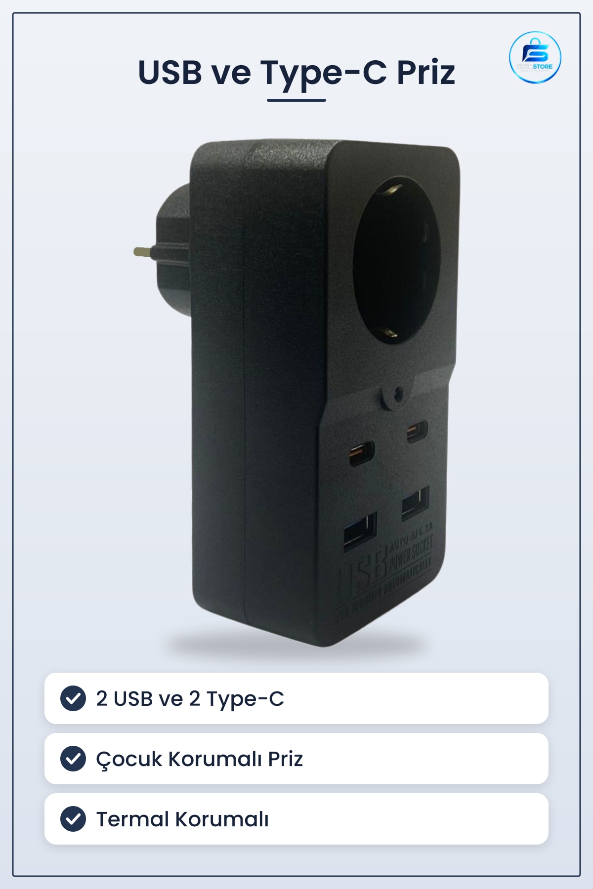 Isıya Dayanıklı Termal Korumalı Priz USB ve Tip C Girişli Çocuk Güvenlikli Akıllı Çoklu Çıkış
