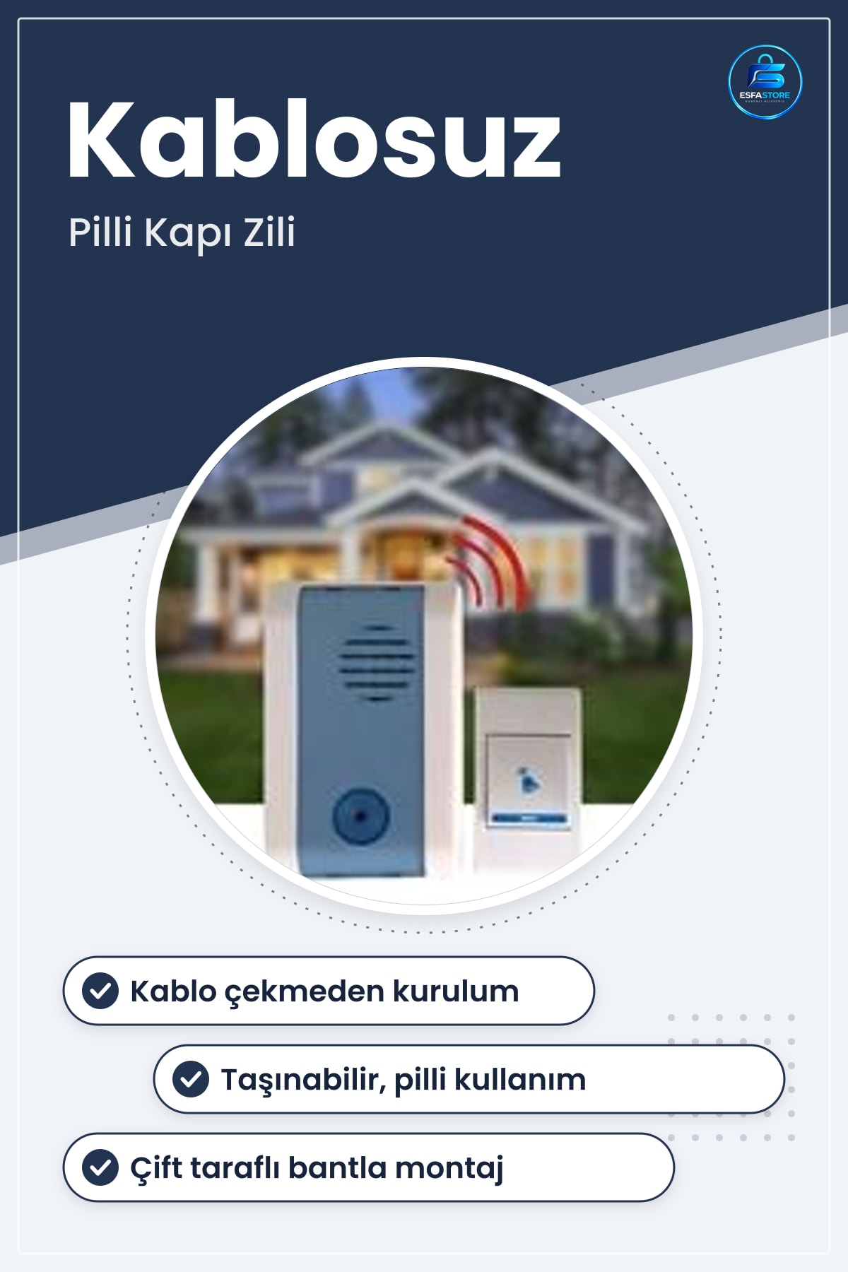 Kablosuz Kapı Zili Ev Ofis Daire Bahçe Kapısı İçin Çift Taraflı Bantlı Pilli Taşınabilir Zil