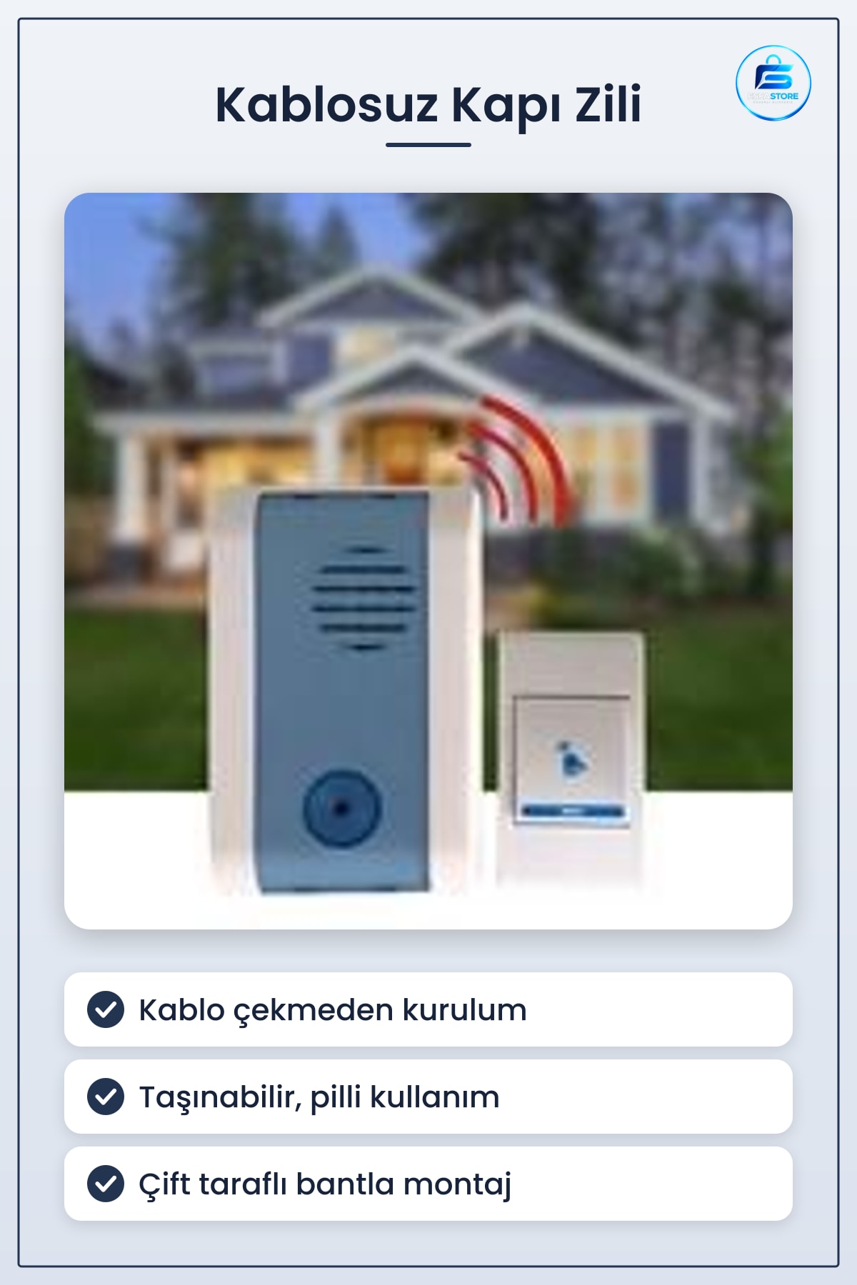 Kablosuz Kapı Zili Ev Ofis Daire Bahçe Kapısı İçin Çift Taraflı Bantlı Pilli Taşınabilir Zil