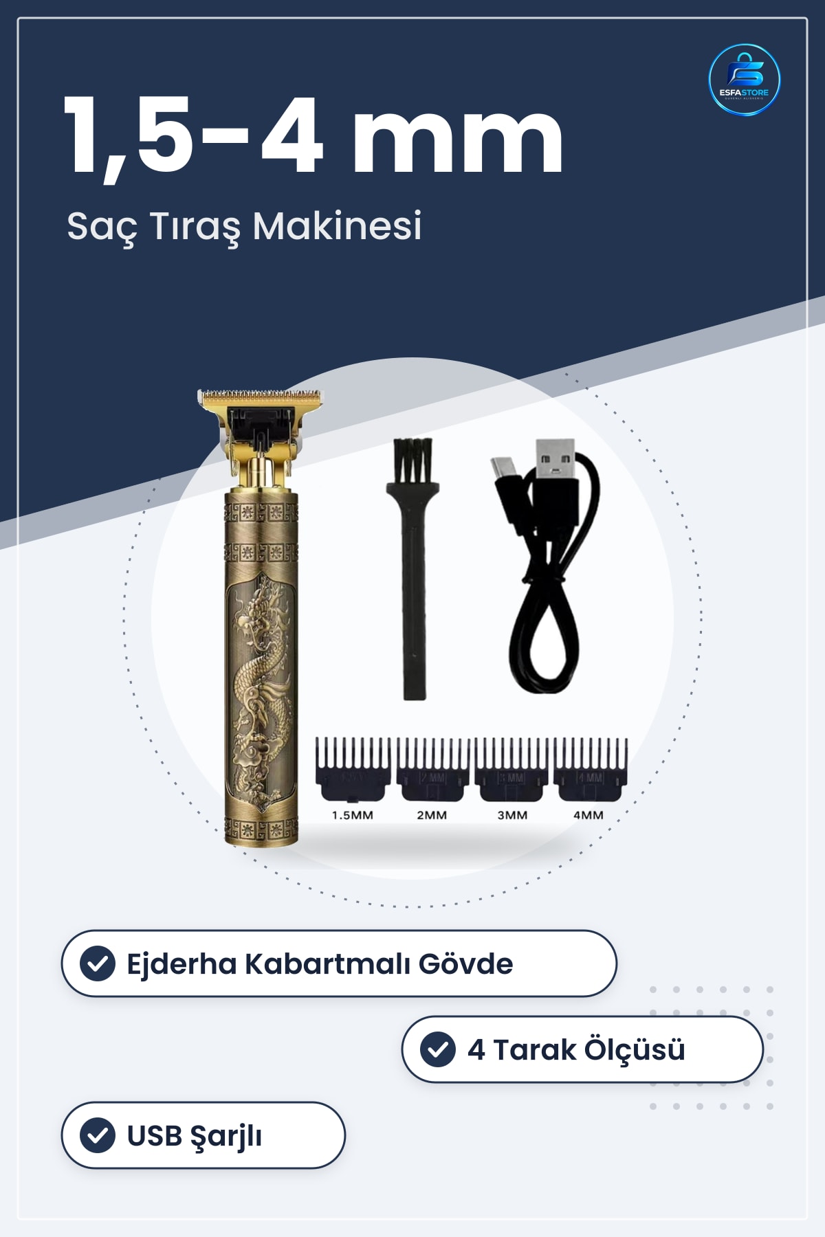 Ejderha Kabartmalı Vintage Görünümlü USB Şarjlı Manuel Tıraş Makinası Dört Farklı Başlıklı Set