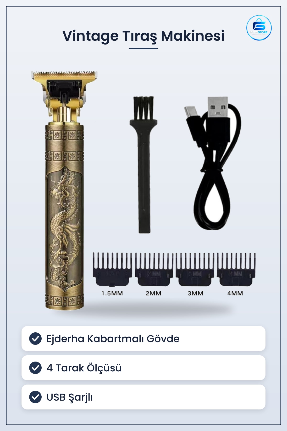 Ejderha Kabartmalı Vintage Görünümlü USB Şarjlı Manuel Tıraş Makinası Dört Farklı Başlıklı Set