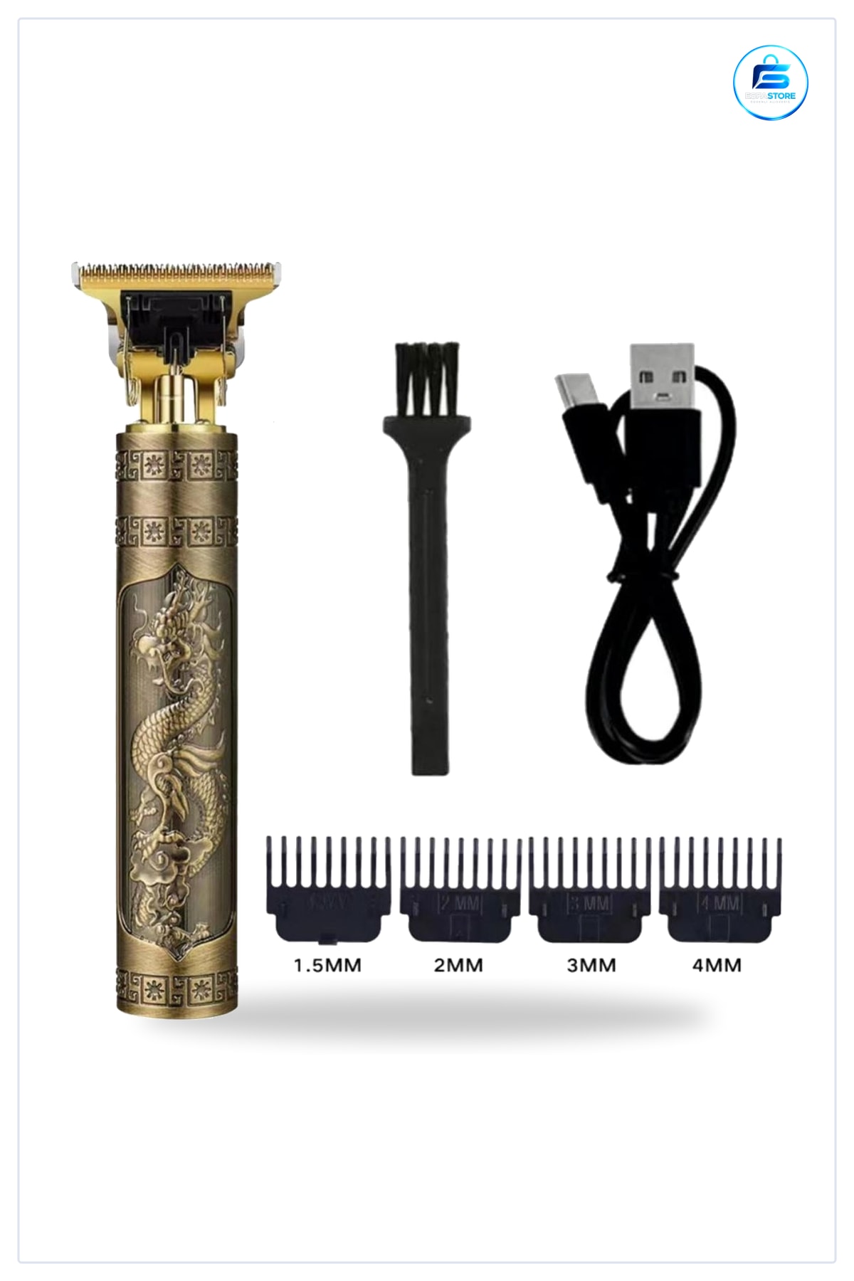 Ejderha Kabartmalı Vintage Görünümlü USB Şarjlı Manuel Tıraş Makinası Dört Farklı Başlıklı Set