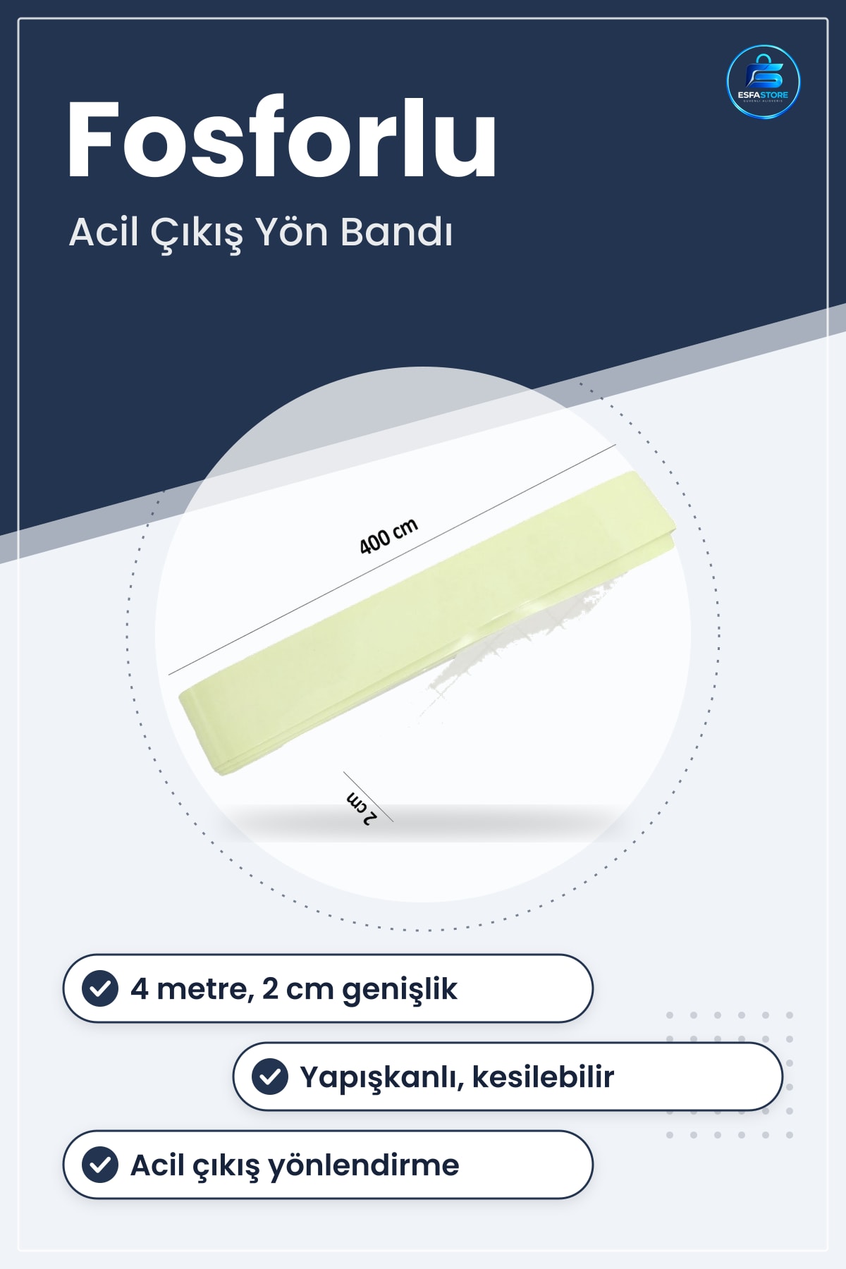 Karanlıkta Işık Veren Fosforlu Yeşil Şerit Bant 4 Metre 2 cm Yapışkanlı Acil Çıkış Yön Bandı
