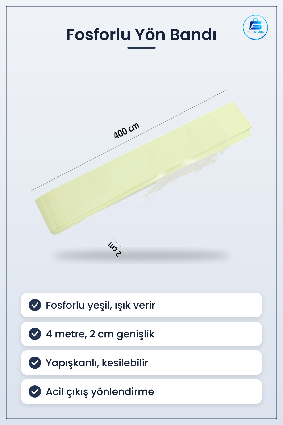 Karanlıkta Işık Veren Fosforlu Yeşil Şerit Bant 4 Metre 2 cm Yapışkanlı Acil Çıkış Yön Bandı
