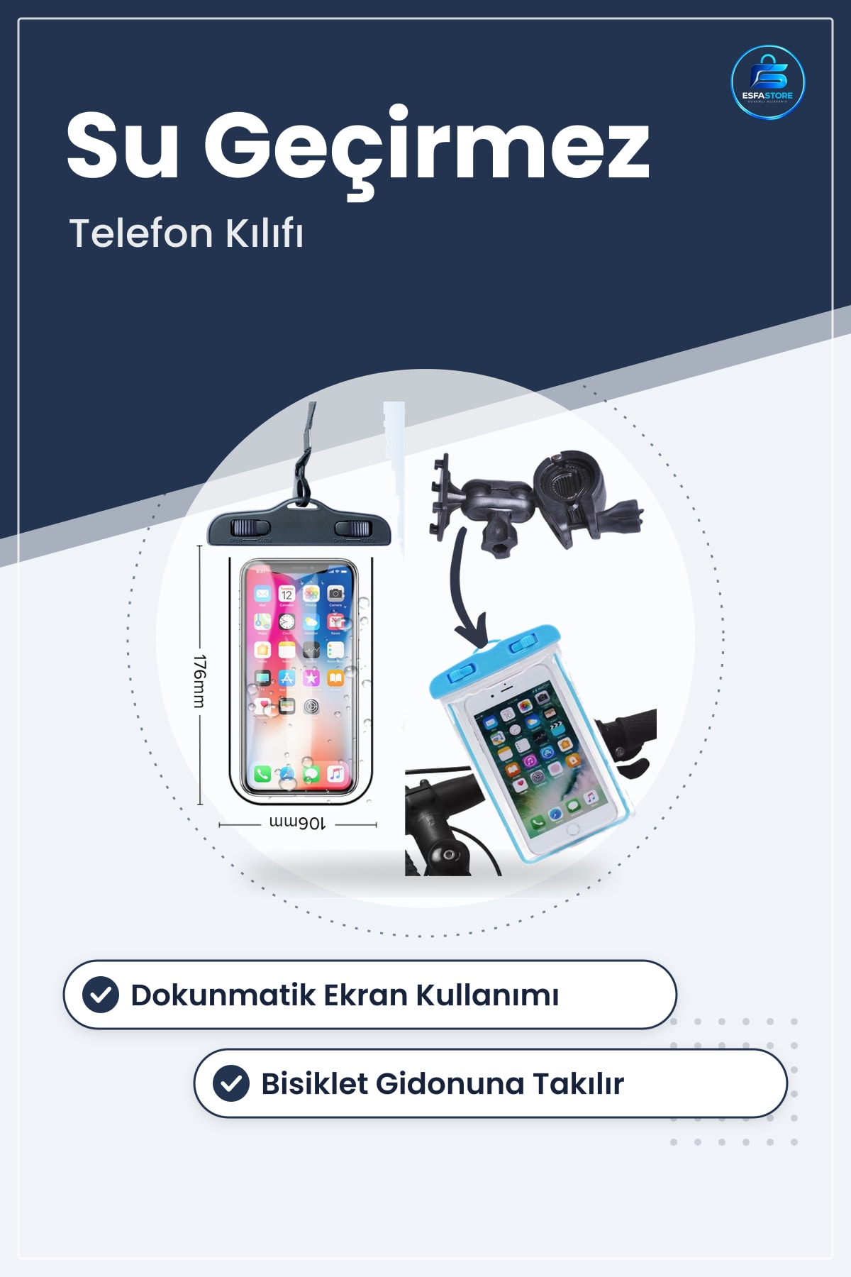 Bisiklete Takılan Su Geçirmez Telefon Kılıfı Universal 12x20 cm IP4 Dokunmatik Uyumlu Yağmura