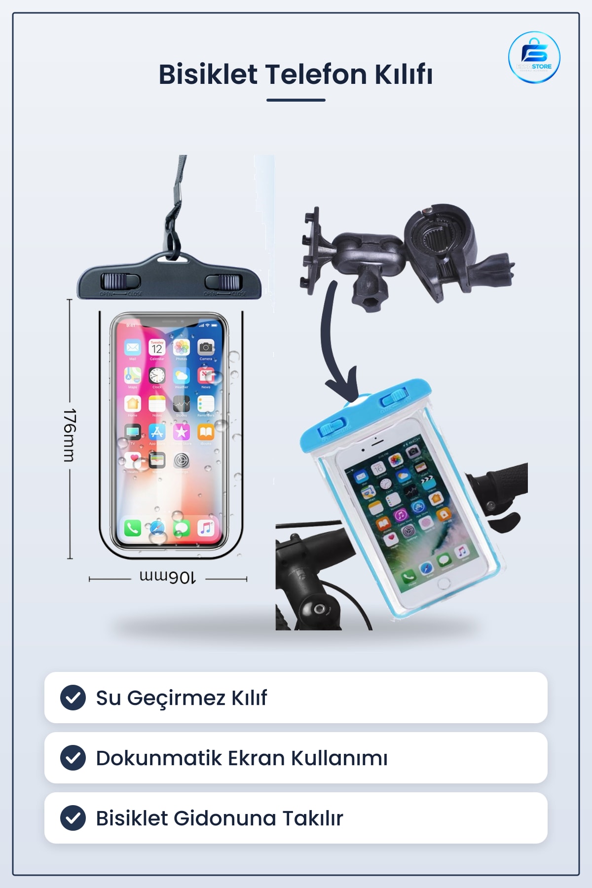 Bisiklete Takılan Su Geçirmez Telefon Kılıfı Universal 12x20 cm IP4 Dokunmatik Uyumlu Yağmura