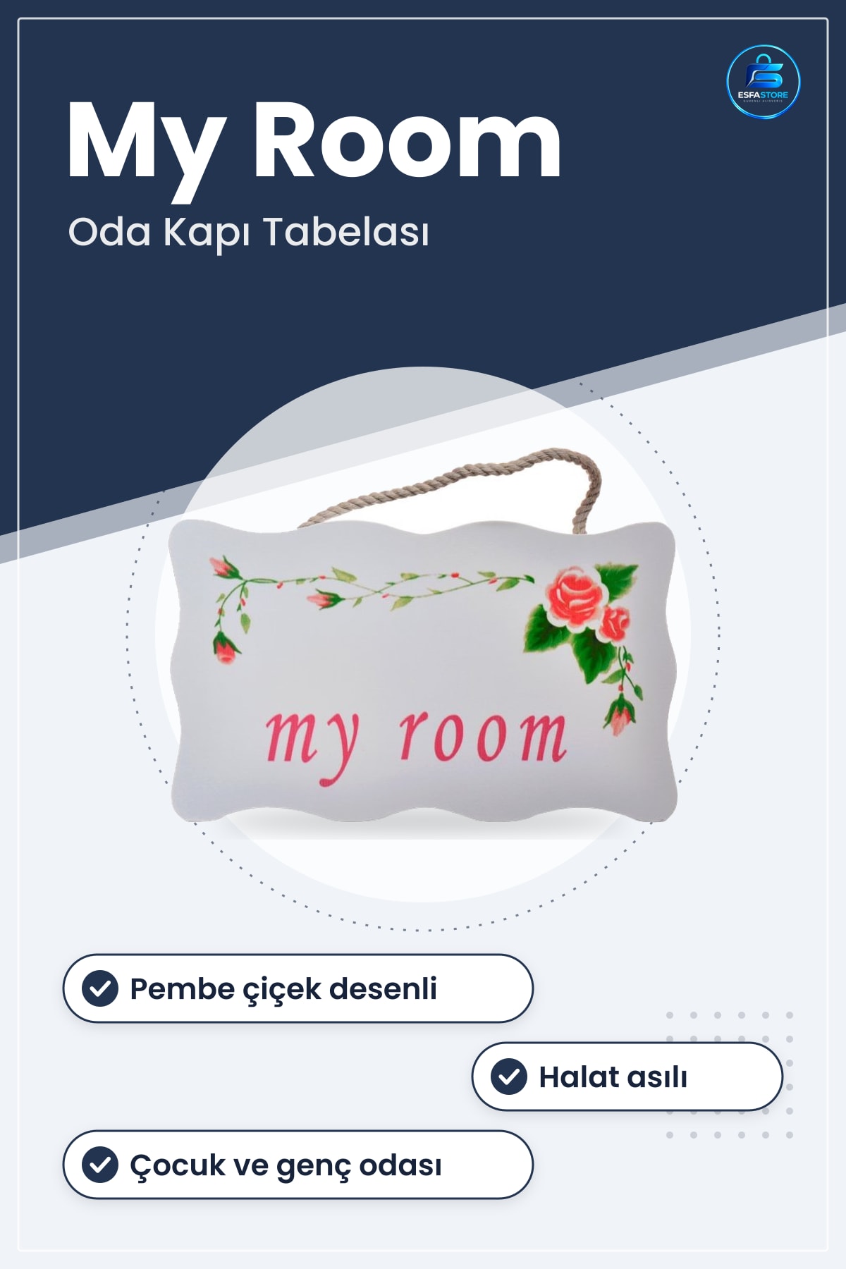 Kapı Askası Dekoratif Çiçek Desenli My Room Benim Odam Yazılı Halatlı Tabela Oda Dekorasyonu