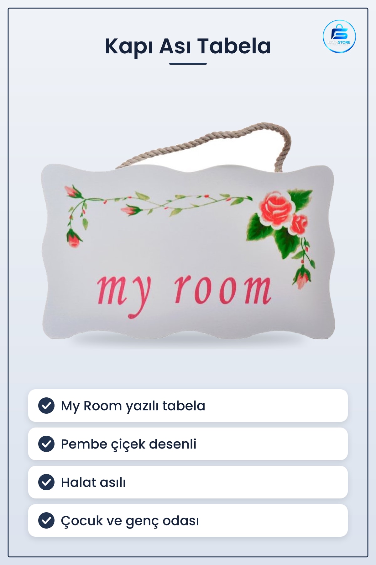 Kapı Askası Dekoratif Çiçek Desenli My Room Benim Odam Yazılı Halatlı Tabela Oda Dekorasyonu