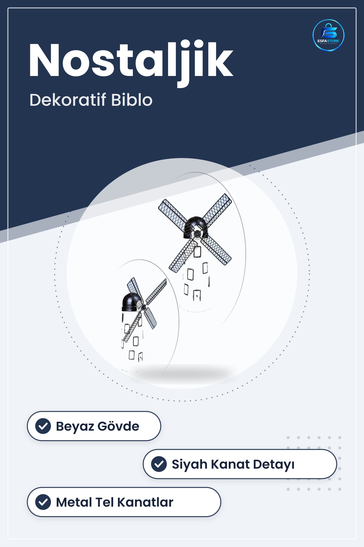 Dekoratif Yel Değirmeni Biblo Beyaz Siyah Ev Dekorasyonu Masa Üstü Süs Eşyası Metal Kanatlı