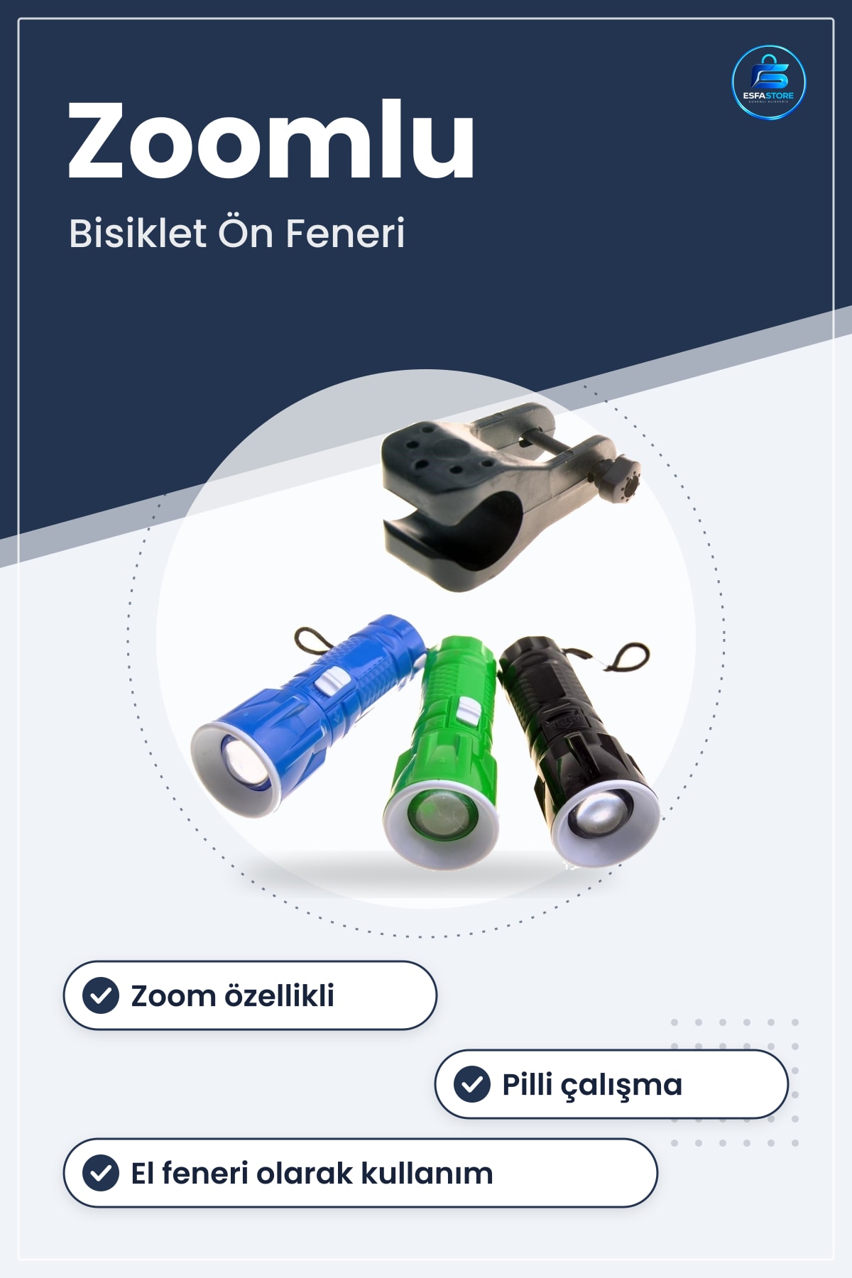 Bisiklet Ön Farı El Feneri Pilli Zoomlu Ledli Aydınlatma Lambası Gece Sürüşleri İçin Kullanışlı