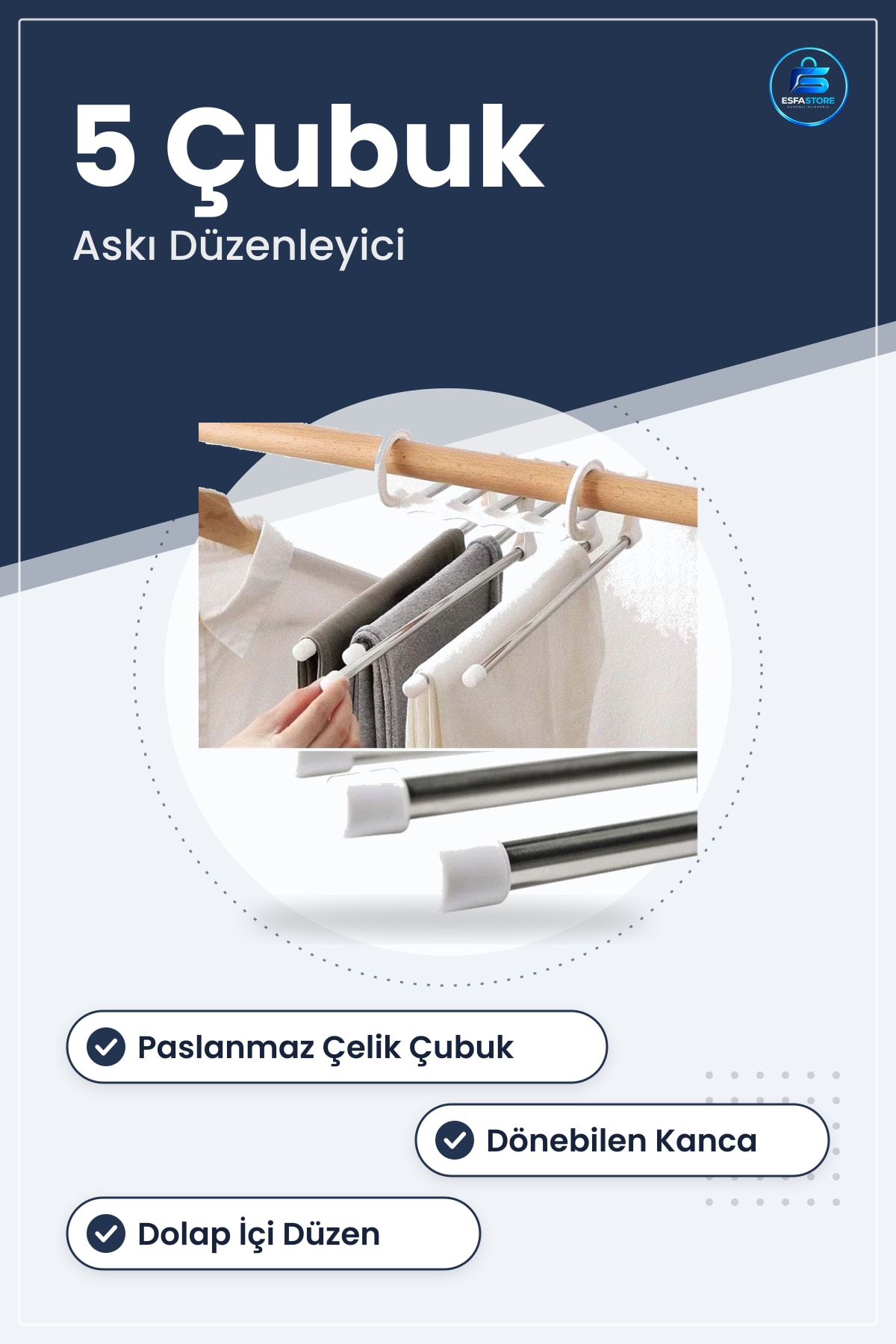 Dolap İçi Pantolon Askılığı Paslanmaz Çelik Katmanlı Kravat Şal Askı Düzenleyici Organizer Pratik