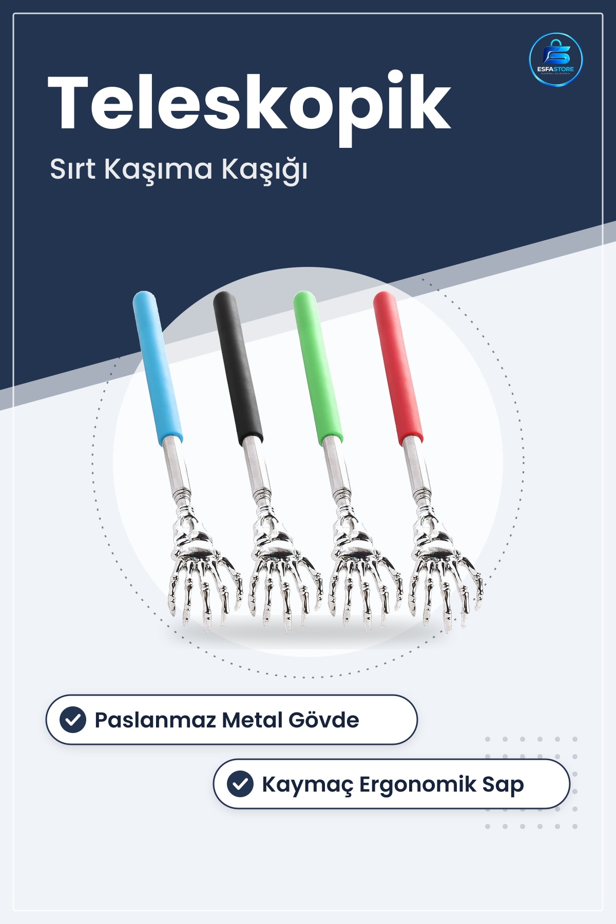 Teleskopik Sırt Kaşıma Kaşağı Aleti 20 cm 60 Paslanmaz Metal Skelet Pençe Kaymaz Ergonomik Sap
