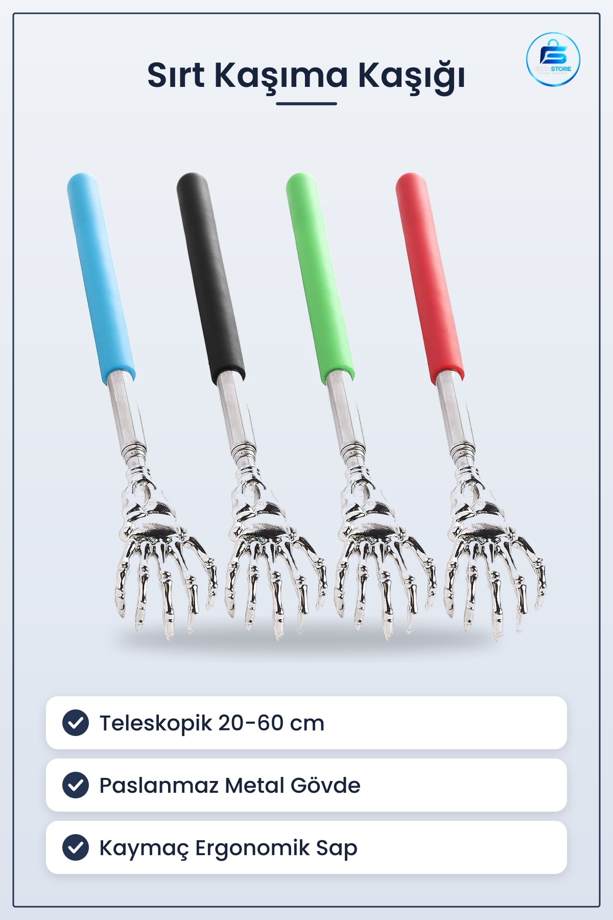 Teleskopik Sırt Kaşıma Kaşağı Aleti 20 cm 60 Paslanmaz Metal Skelet Pençe Kaymaz Ergonomik Sap