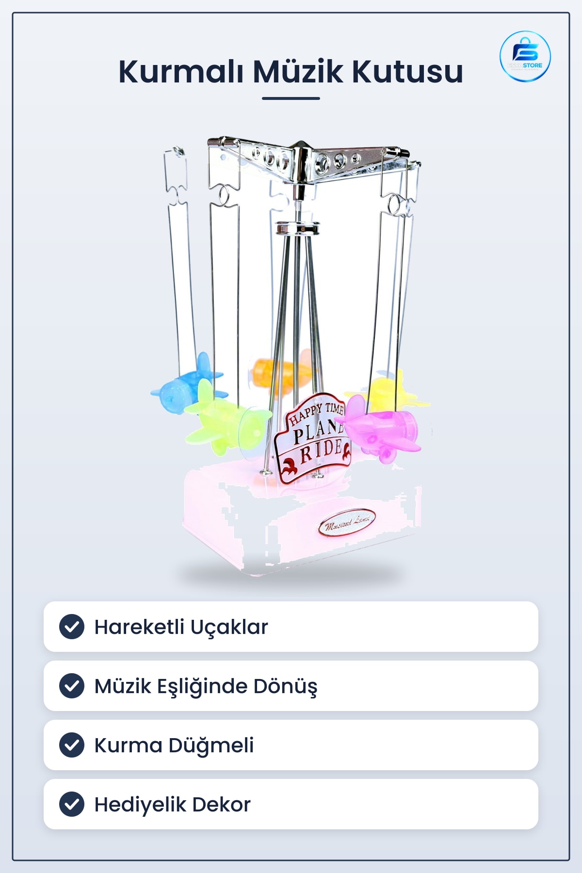 Kurmalı Müzik Kutusu Hareketli Uçaklı Hediyelik Küçük Sesli Dekoratif Masaüstü Nostaljik Aleti