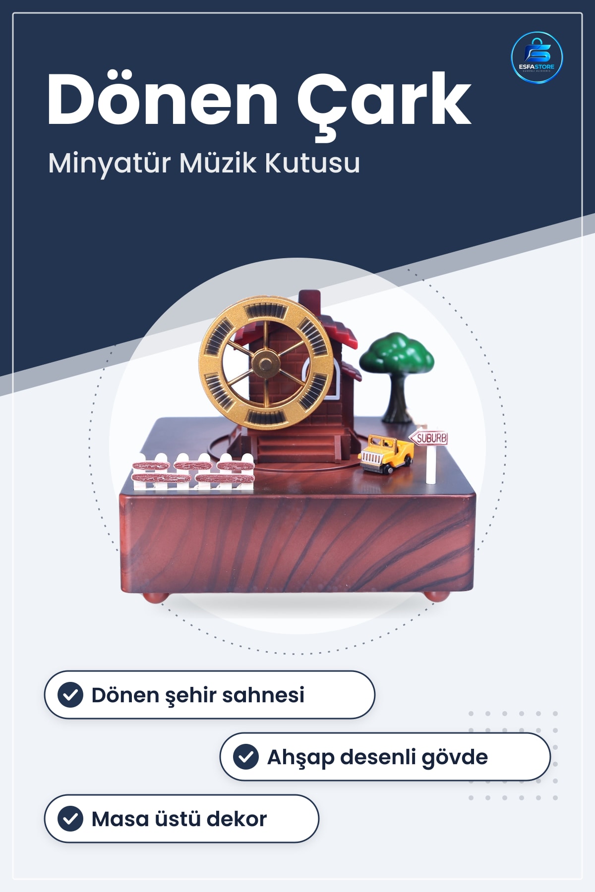 Araba Müzik Kutusu Şehir Etrafında Dönen Minyatür Ahşap Desenli Masa Üstü Dekoratif Hediyelik