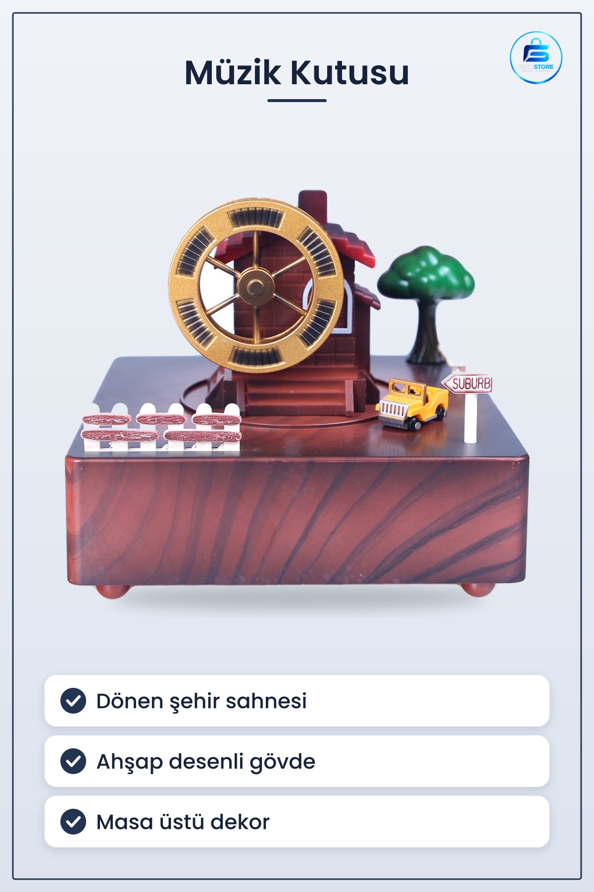 Araba Müzik Kutusu Şehir Etrafında Dönen Minyatür Ahşap Desenli Masa Üstü Dekoratif Hediyelik