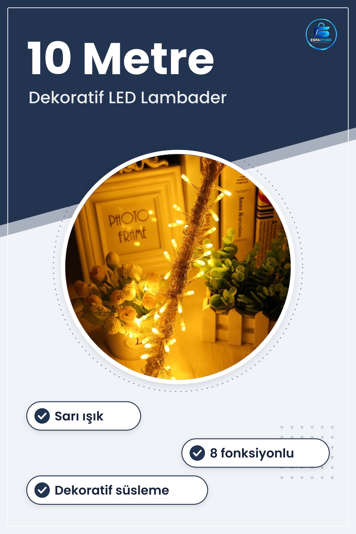 LED Lambader Dekoratif 10 Metre Ledli 8 Fonksiyonlu Sarı Lamba Işıklı Süs Aydınlatma