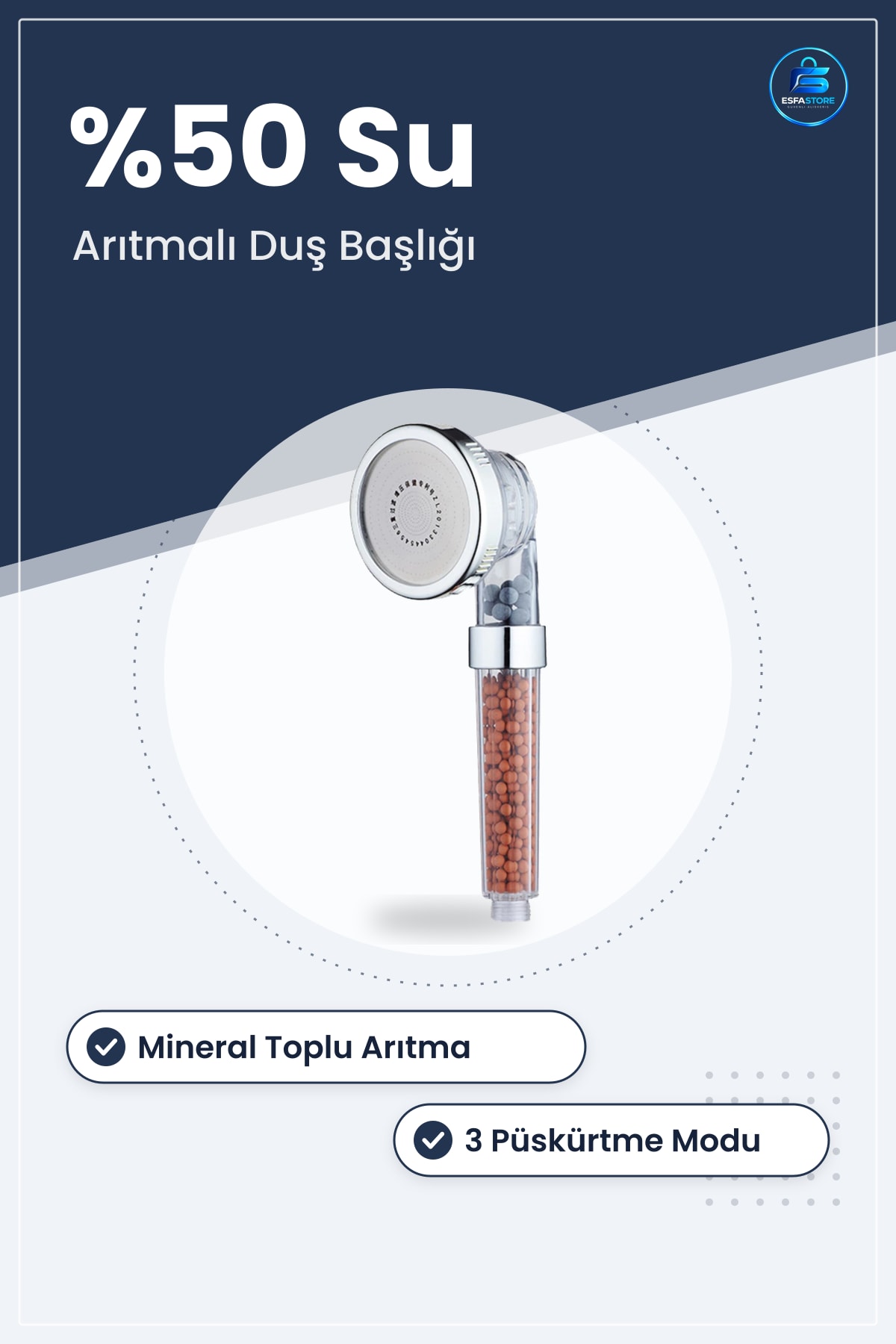 El Duş Başlığı Banyo %50 Su Tasarruflu Arıtmalı Doğal Taşlı Relax Fiskiyesi 21 cm x 6