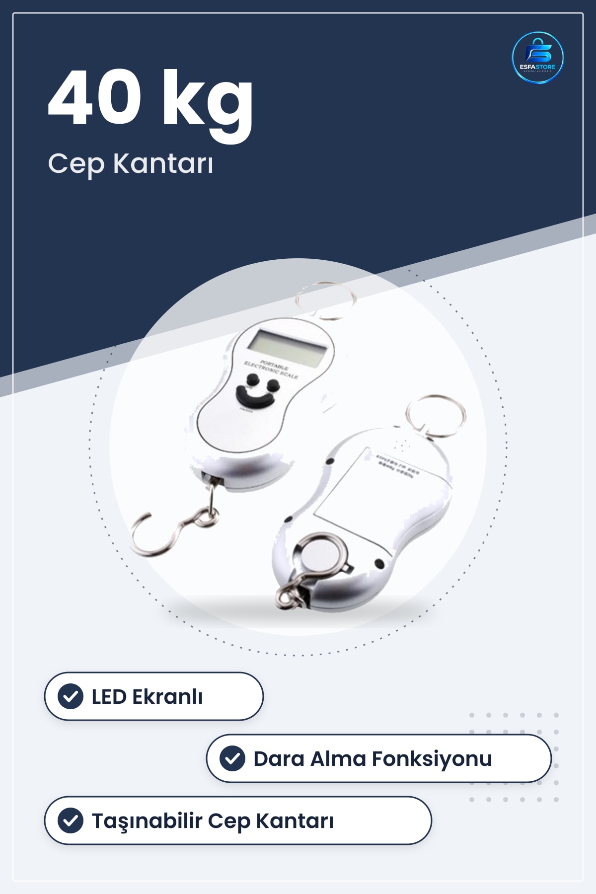 Dijital El Terazisi 40 kg Led Ekranlı Taşınabilir Cep Kantarı Dara Alma Fonksiyonlu Pilli