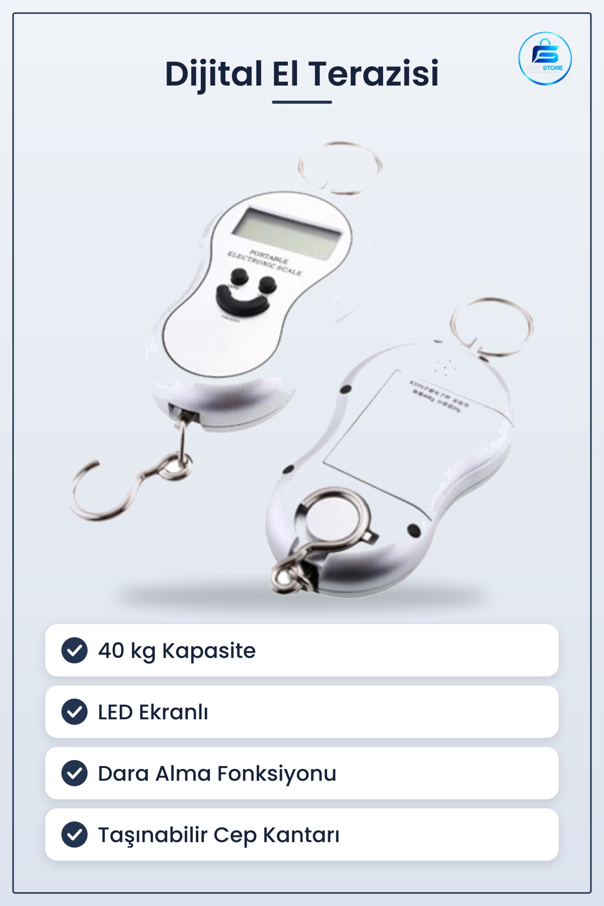 Dijital El Terazisi 40 kg Led Ekranlı Taşınabilir Cep Kantarı Dara Alma Fonksiyonlu Pilli