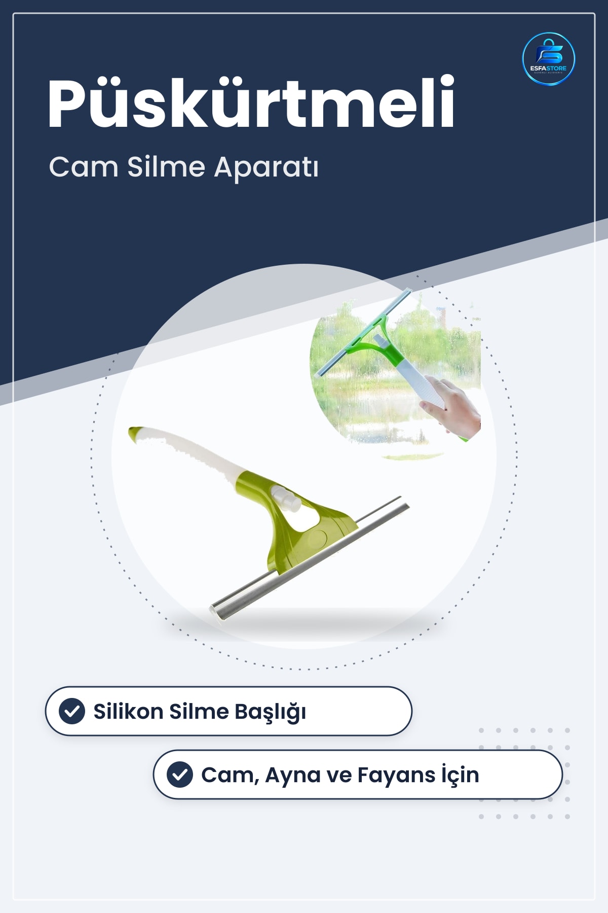 Spreyli Cam Silme Aparatı 25,5 cm x 31 Pencere Ayna Tezgah Duşakabin Temizleyici Püskürtmeli