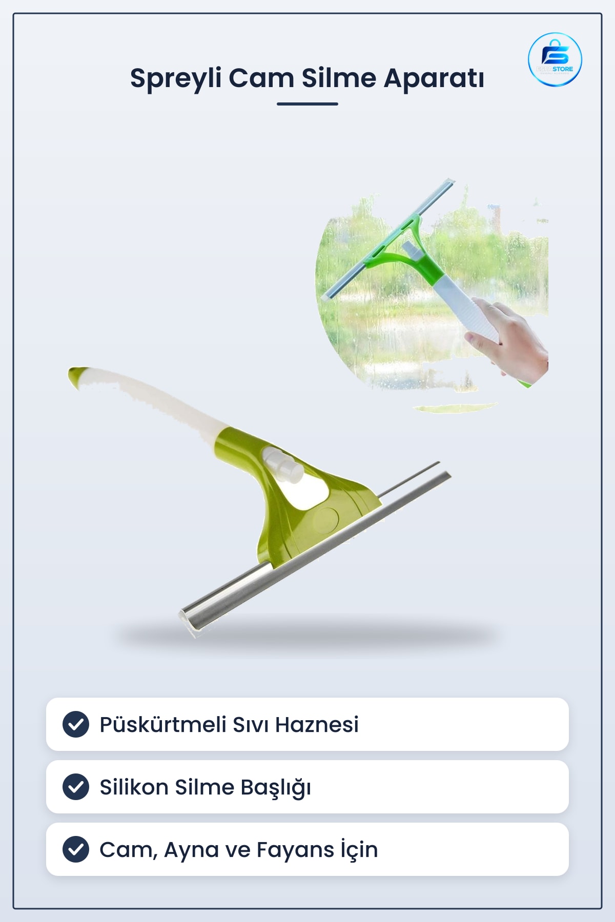 Spreyli Cam Silme Aparatı 25,5 cm x 31 Pencere Ayna Tezgah Duşakabin Temizleyici Püskürtmeli