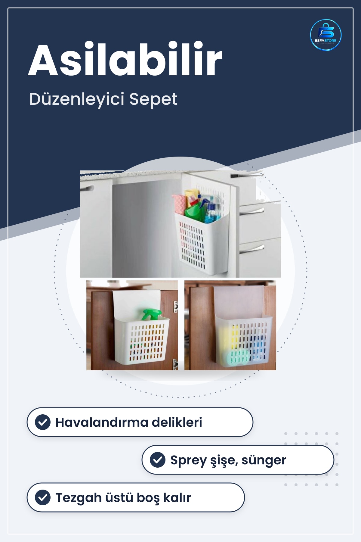 Mutfak Dolap Kapağına Asılabilir Plastik Düzenleyici Sepet Temizlik Malzemesi Saklama Kullanışlı