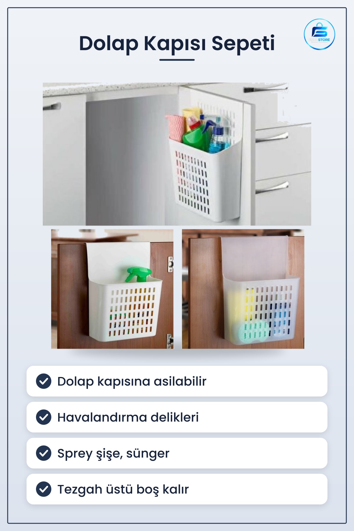 Mutfak Dolap Kapağına Asılabilir Plastik Düzenleyici Sepet Temizlik Malzemesi Saklama Kullanışlı