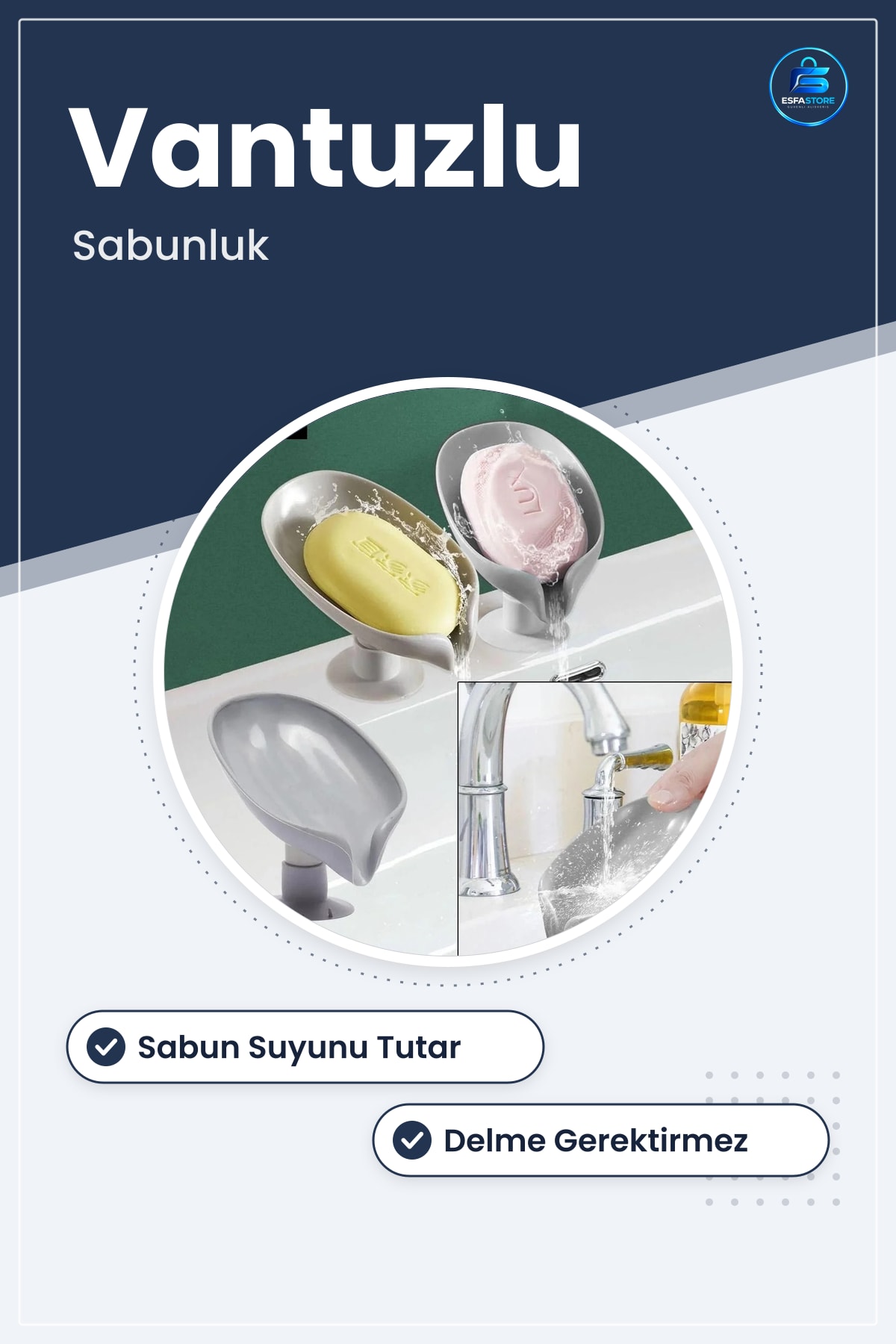 Sabunluk Yaprak Şekilli Vantuzlu Banyo ve Lavabo Kenarı Sabun Tutucu Kutusu Düzenleyici Gri