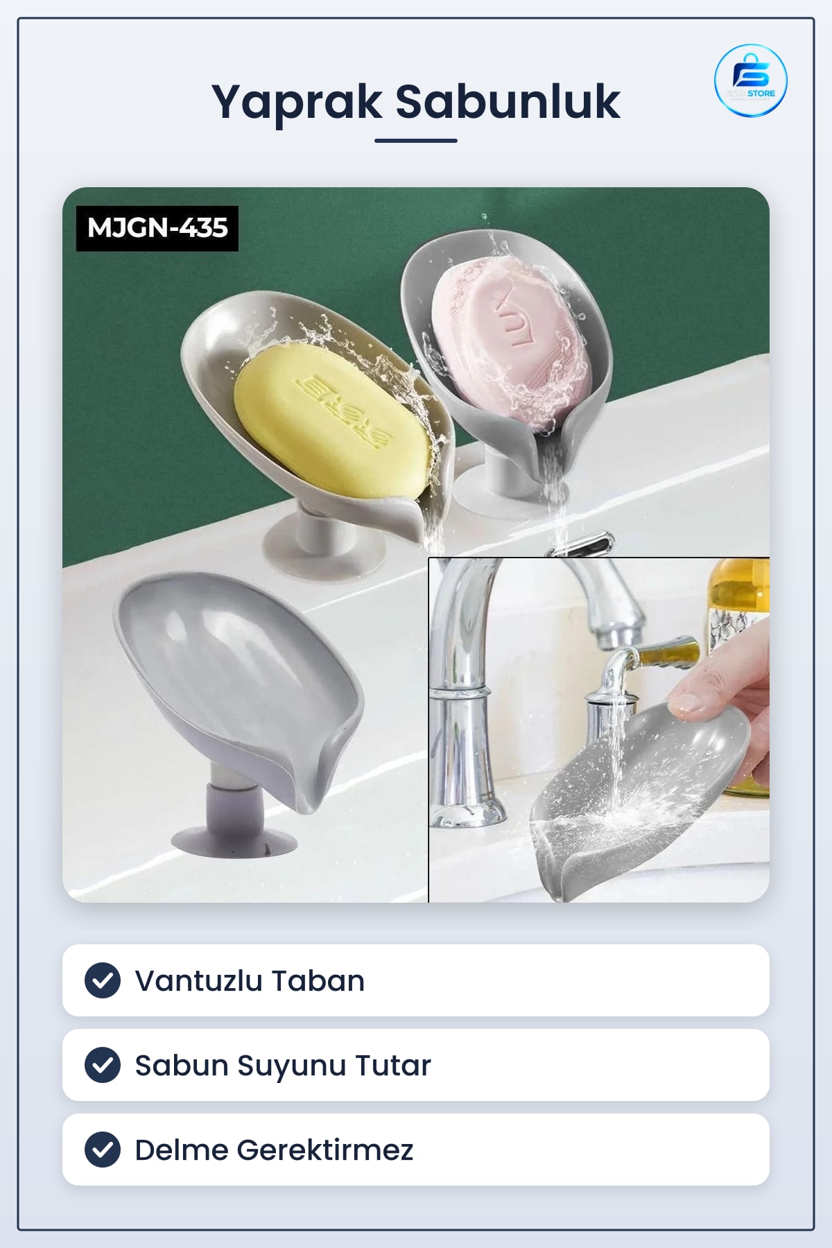 Sabunluk Yaprak Şekilli Vantuzlu Banyo ve Lavabo Kenarı Sabun Tutucu Kutusu Düzenleyici Gri