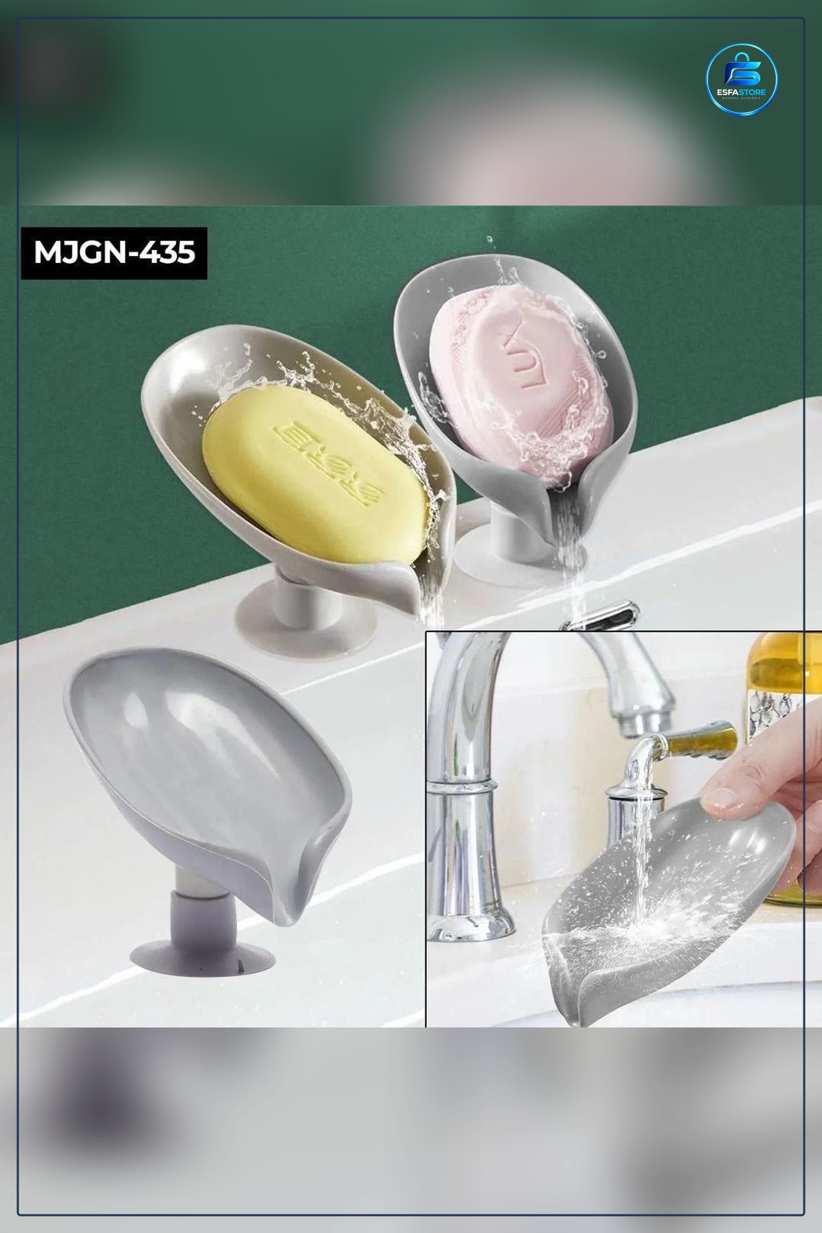Sabunluk Yaprak Şekilli Vantuzlu Banyo ve Lavabo Kenarı Sabun Tutucu Kutusu Düzenleyici Gri