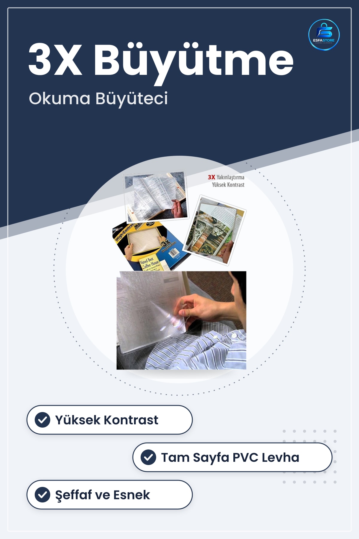 Kitap Okuma Büyüteci Yüksek Kontrast 3X Büyütme 8,5 cm x 11 Tam Sayfa PVC Şeffaf Levha