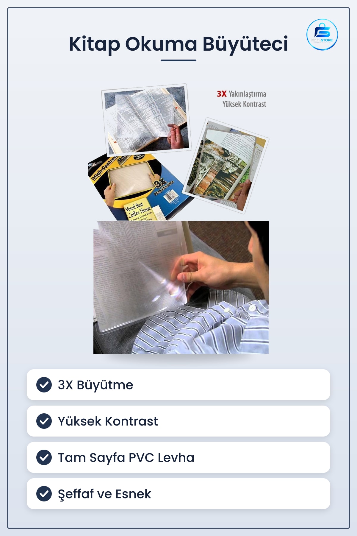 Kitap Okuma Büyüteci Yüksek Kontrast 3X Büyütme 8,5 cm x 11 Tam Sayfa PVC Şeffaf Levha