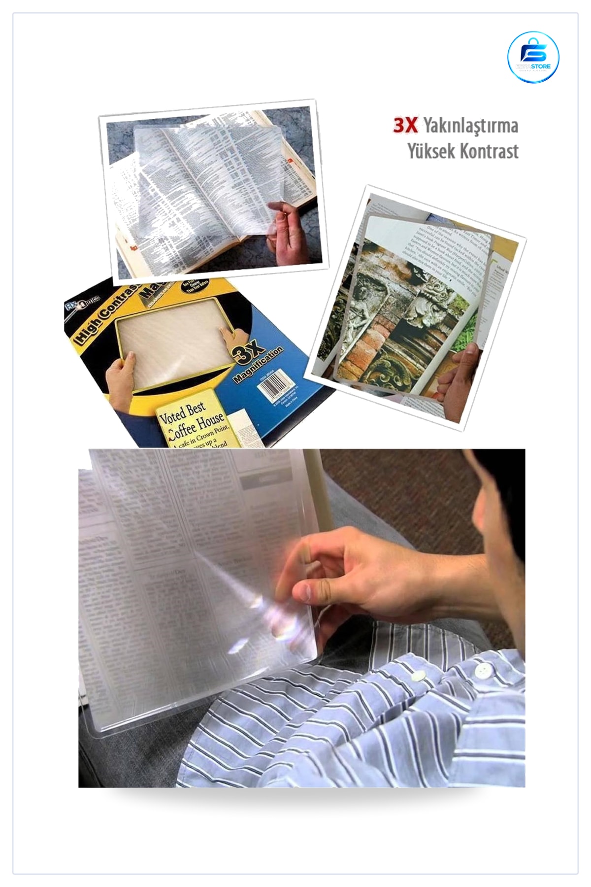 Kitap Okuma Büyüteci Yüksek Kontrast 3X Büyütme 8,5 cm x 11 Tam Sayfa PVC Şeffaf Levha