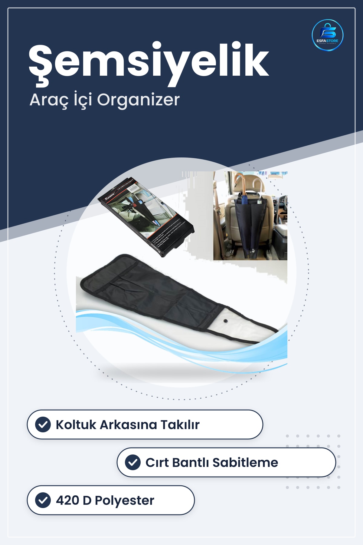 Araç İçi Şemsiye Kılıfı Koltuk Arkası Tutacak Organizeri 63cm x 23 cm Siyah D Polyester