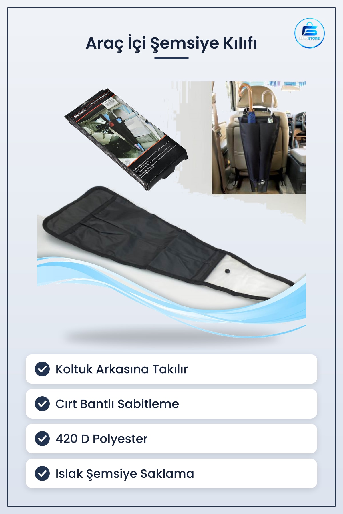 Araç İçi Şemsiye Kılıfı Koltuk Arkası Tutacak Organizeri 63cm x 23 cm Siyah D Polyester