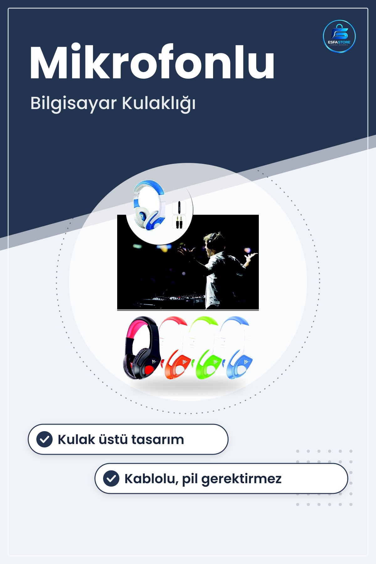 Mikrofonlu Bilgisayar Kulaklığı 40mm Sürücülü 35 mm Jak Girişli Gürültü Engelleyici Oyun