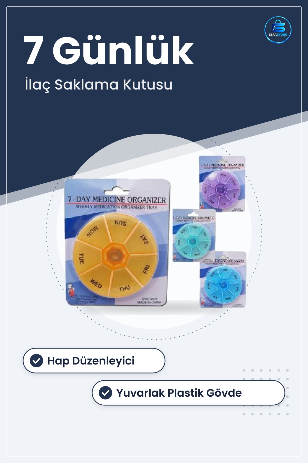 Haftalık İlaç Saklama Kutusu 7 Günlük Plastik Hatırlatıcılı Yuvarlak Hap Düzenleyici