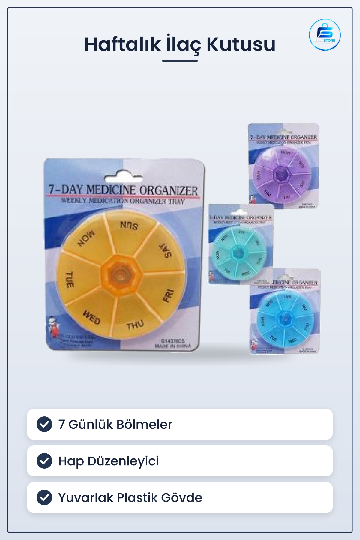 Haftalık İlaç Saklama Kutusu 7 Günlük Plastik Hatırlatıcılı Yuvarlak Hap Düzenleyici
