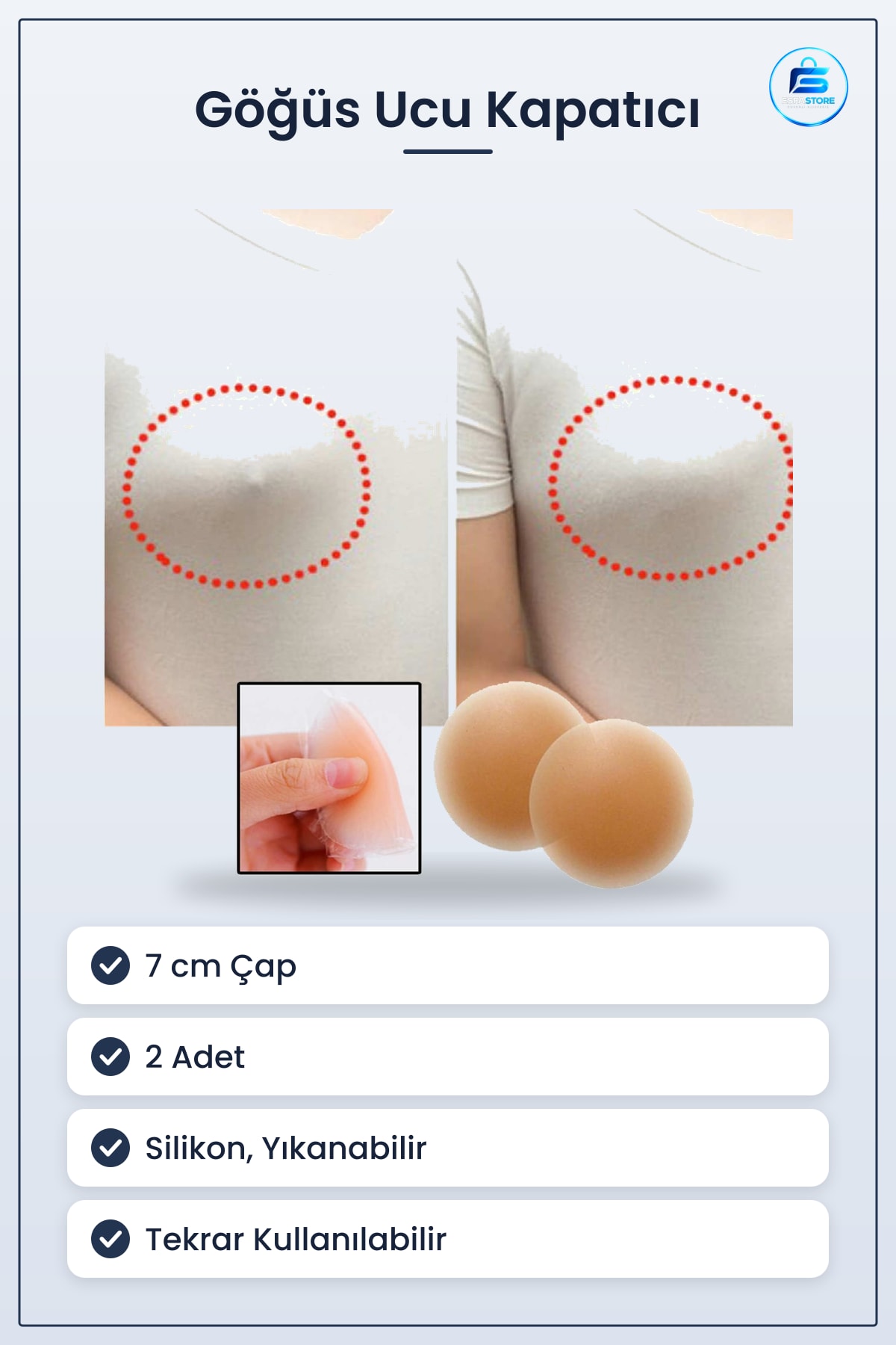 Silikon Göğüs Ucu Kapatıcı Nipple Pad 7 cm 2 Adet Yıkanabilir Tekrar Kullanılabilir Gizleyici Bant