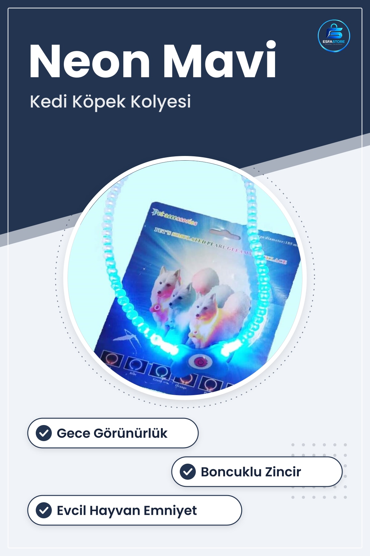 LED Işıklı Kedi Köpek Kolyesi Mavi Neon Gece Emniyet Gezdirme 18,5 cm Evcil Hayvan Boyun Tasması