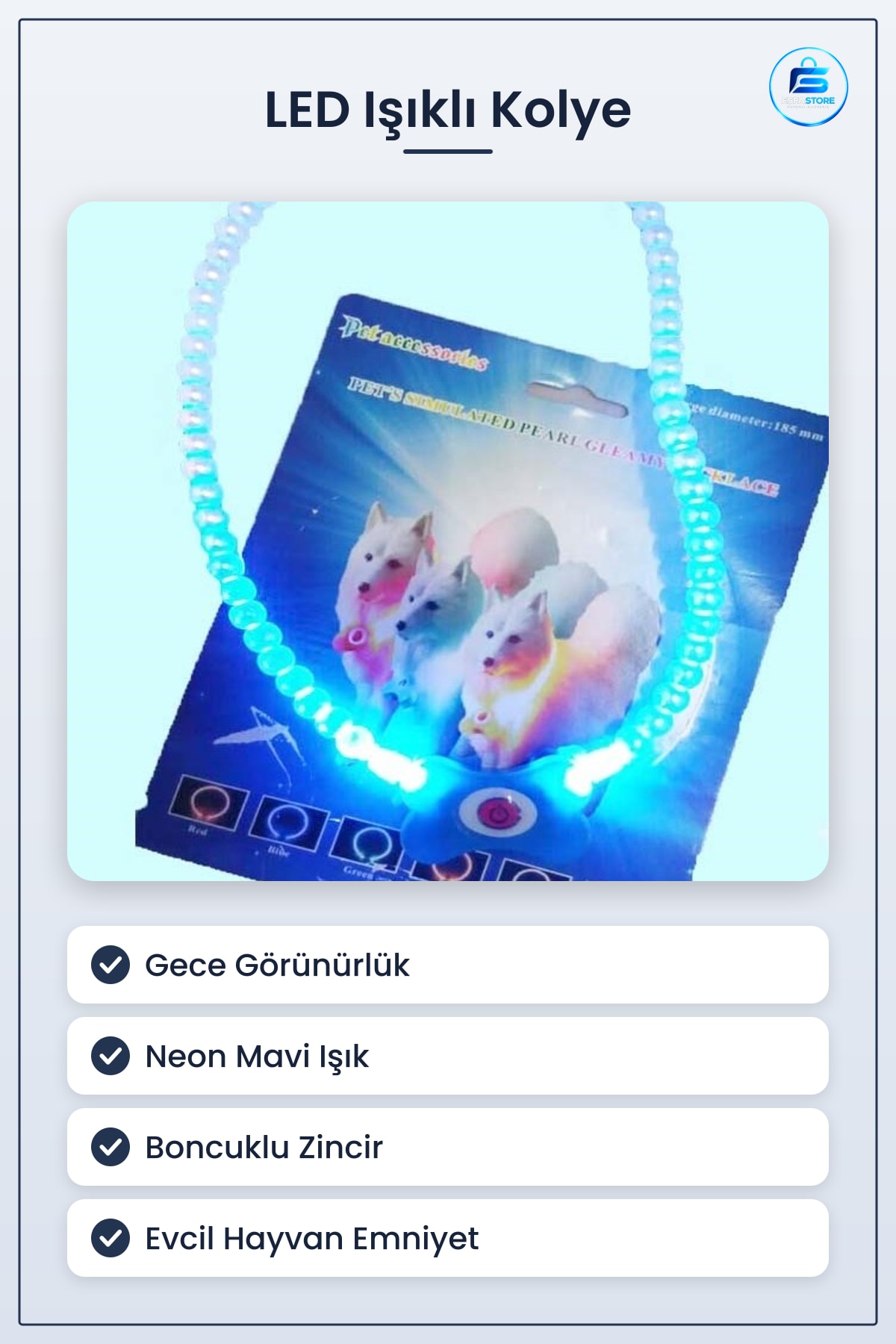 LED Işıklı Kedi Köpek Kolyesi Mavi Neon Gece Emniyet Gezdirme 18,5 cm Evcil Hayvan Boyun Tasması