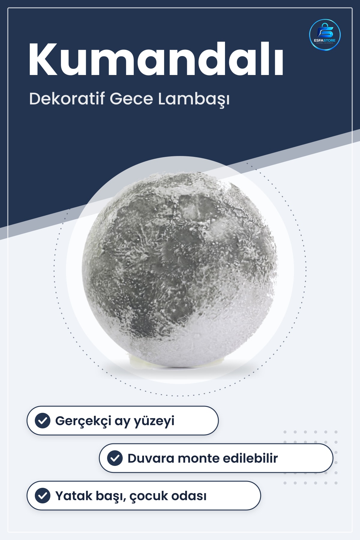 Dekoratif Ay Gece Lambası Kumandalı Başucu Çocuk Odası Duvar Aydınlatması Gerçekçi Görünümlü