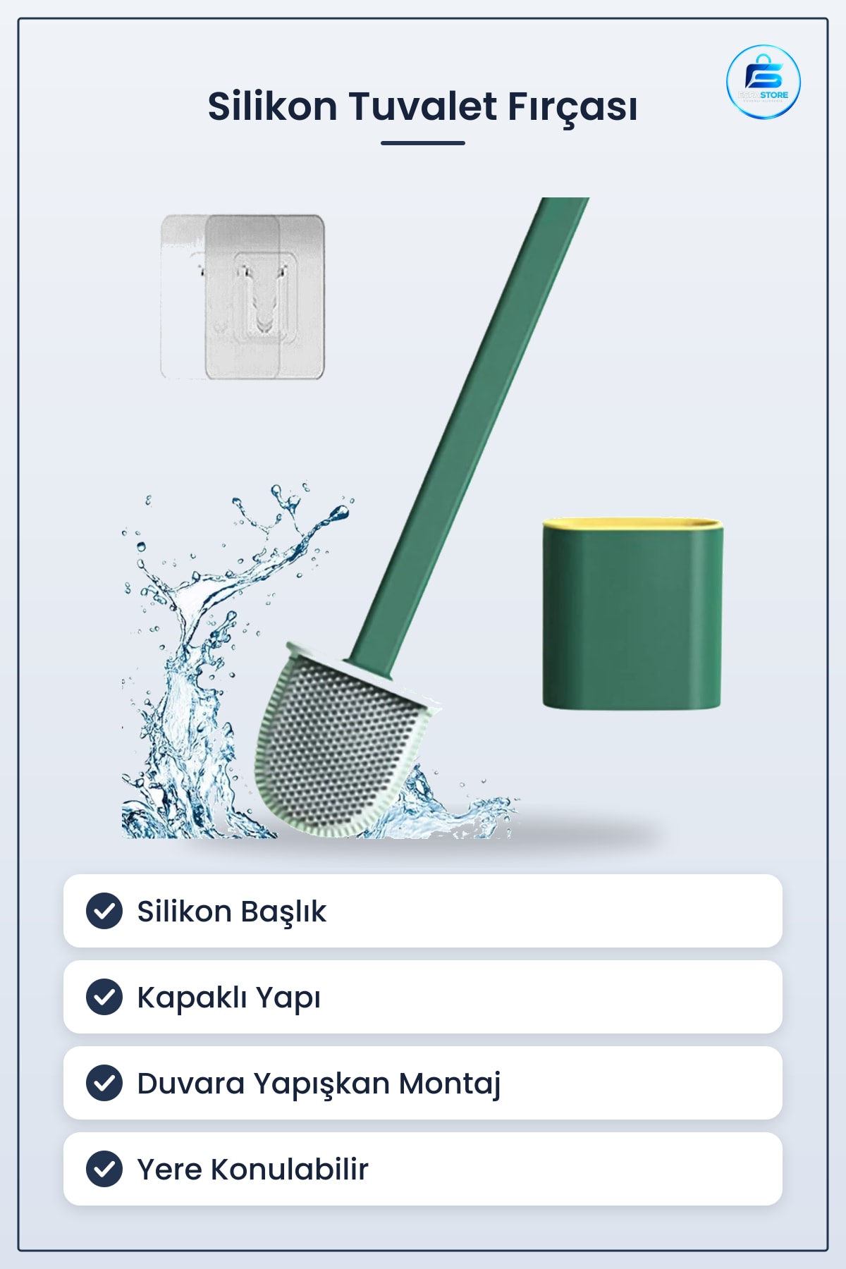 Silikon Başlıklı Tuvalet Fırçası Seti Kapaklı Duvara Monte Edilebilir Askılı Derece Döner